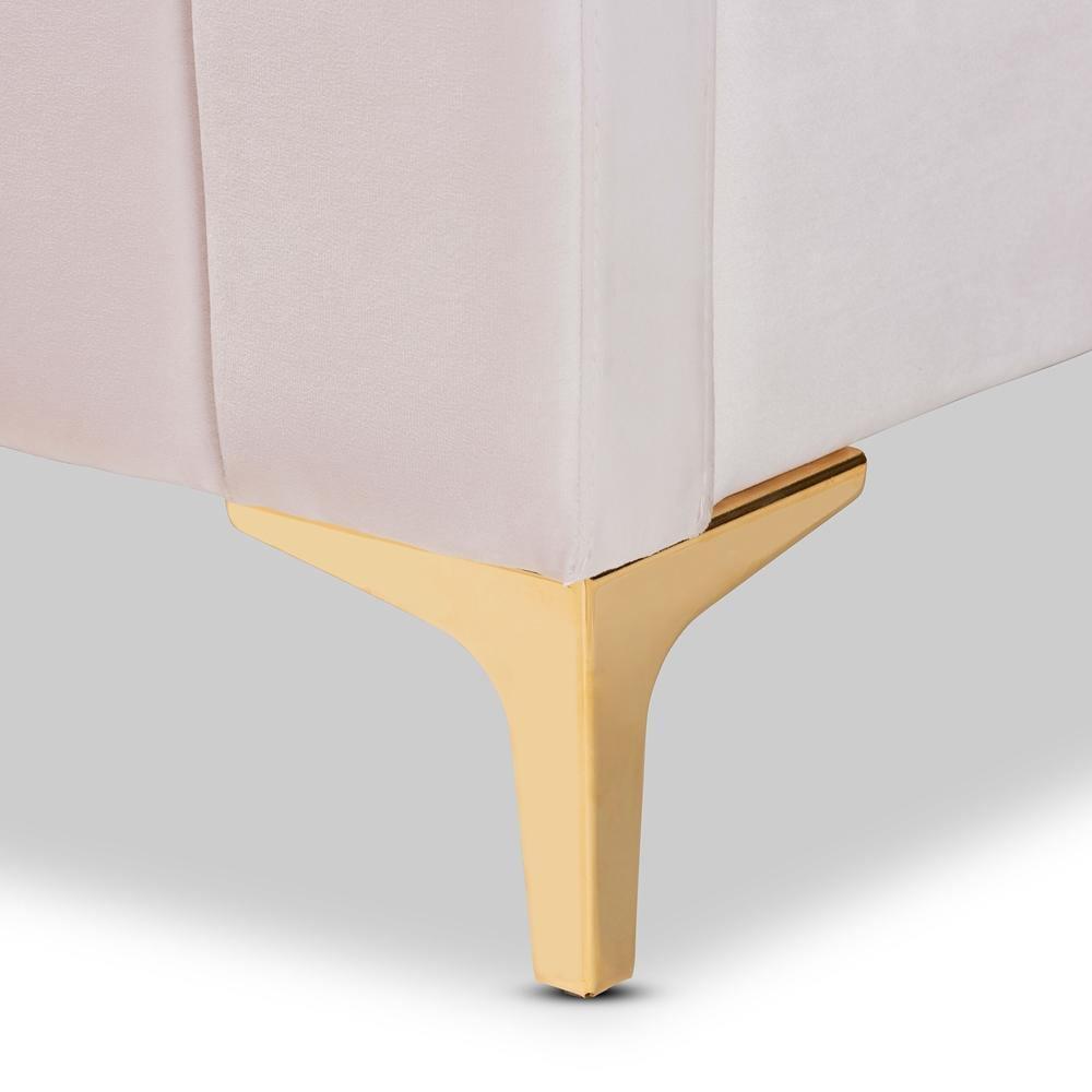 Nami Modern Contemporary Glam and Luxe Light Pink Velvet Fabric Upholstered and Gold Finished Queen Size Platform Bed FredCo