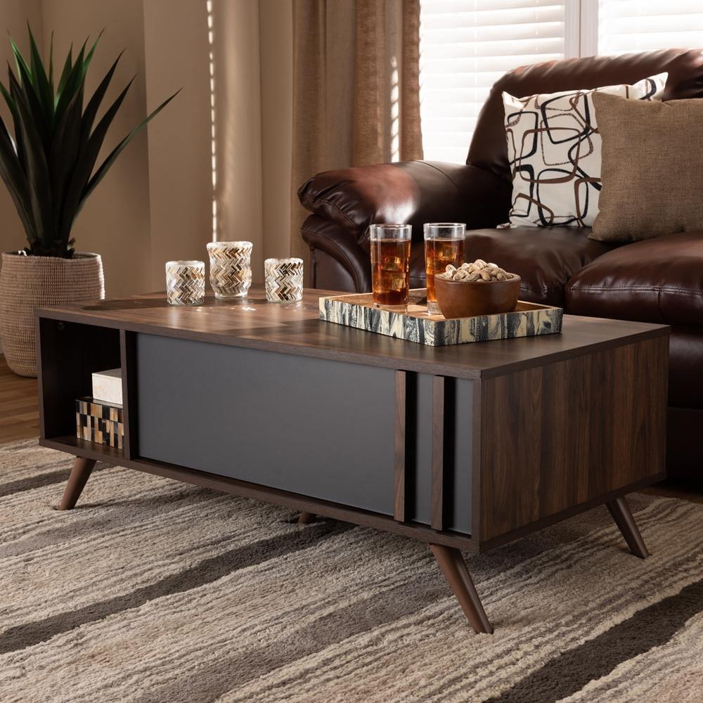 Naoki Modern and Contemporary Two-Tone Grey and Walnut Finished Wood 1-Drawer Coffee Table FredCo