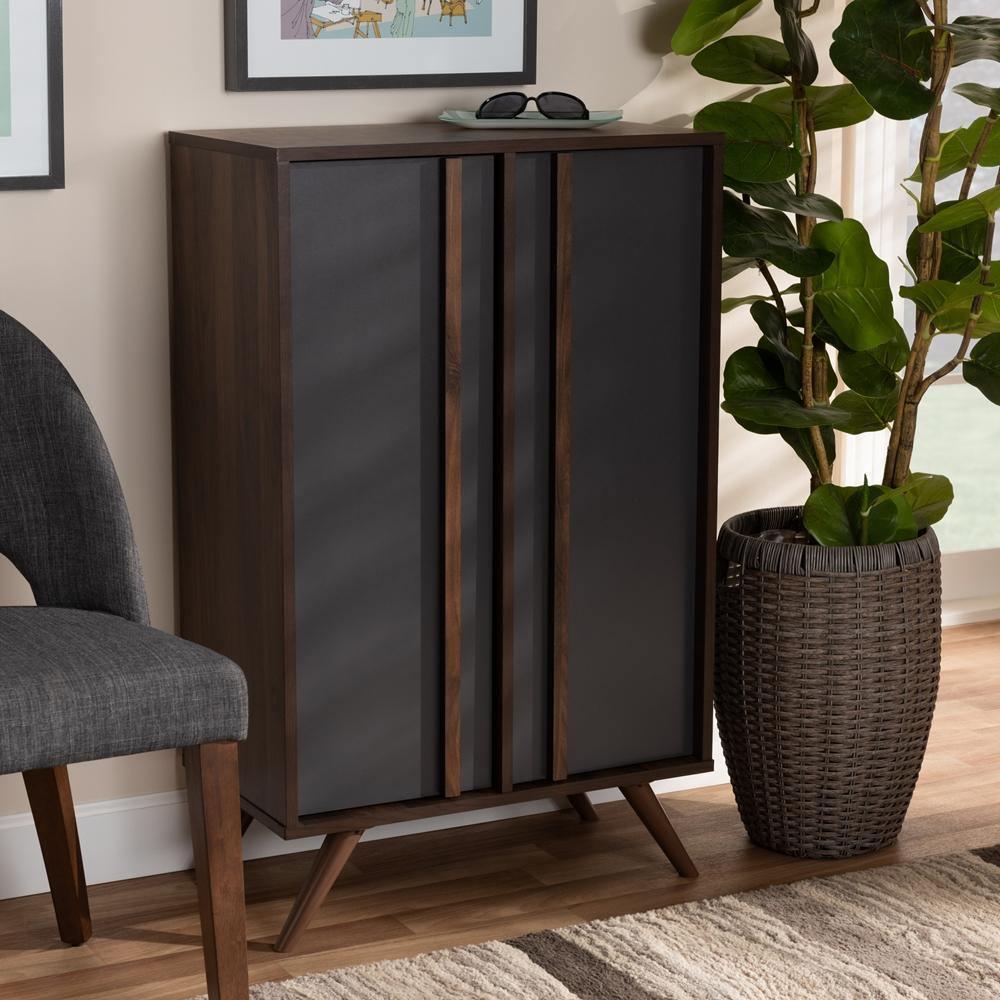 Naoki Modern and Contemporary Two-Tone Grey and Walnut Finished Wood 2-Door Shoe Cabinet FredCo