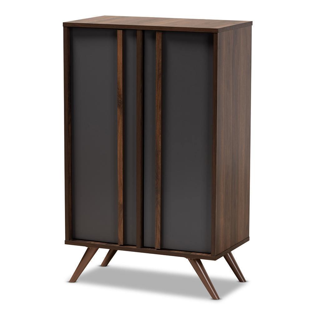 Naoki Modern and Contemporary Two-Tone Grey and Walnut Finished Wood 2-Door Shoe Cabinet FredCo
