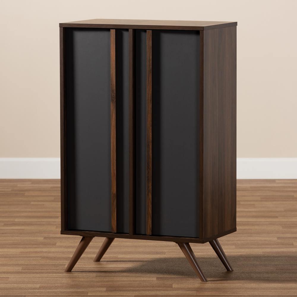 Naoki Modern and Contemporary Two-Tone Grey and Walnut Finished Wood 2-Door Shoe Cabinet FredCo