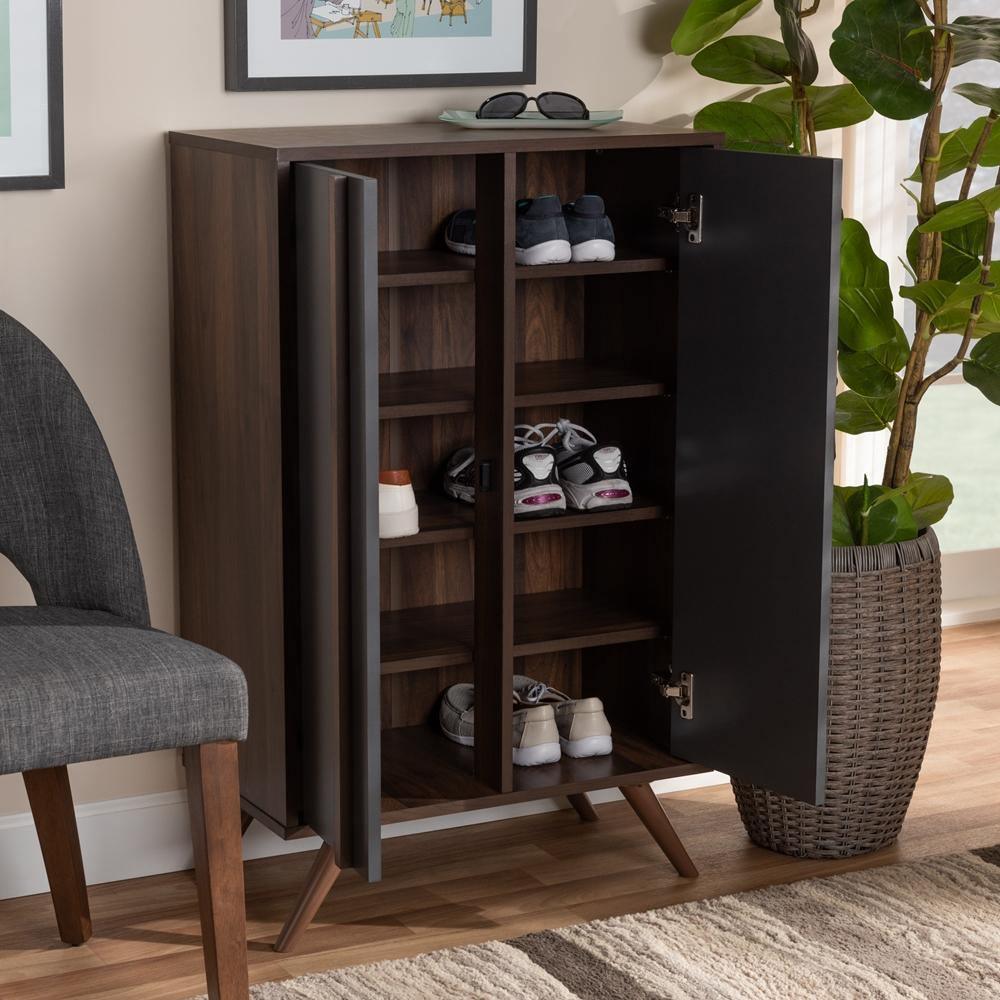Naoki Modern and Contemporary Two-Tone Grey and Walnut Finished Wood 2-Door Shoe Cabinet FredCo