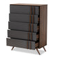Naoki Modern and Contemporary Two-Tone Grey and Walnut Finished Wood 5-Drawer Bedroom Chest FredCo