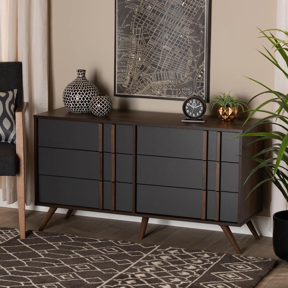 Naoki Modern and Contemporary Two-Tone Grey and Walnut Finished Wood 6-Drawer Bedroom Dresser FredCo