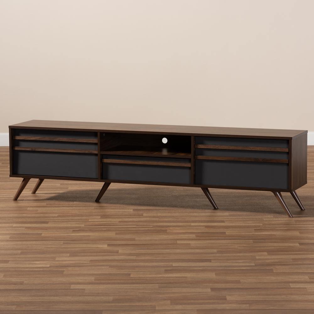 Naoki Modern and Contemporary Two-Tone Grey and Walnut Finished Wood TV Stand with Drop-Down Compartments FredCo