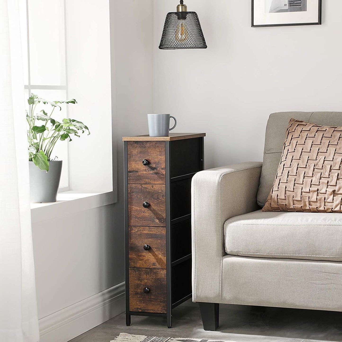 Narrow Dresser with 4 Fabric Drawers, Brown and Black FredCo