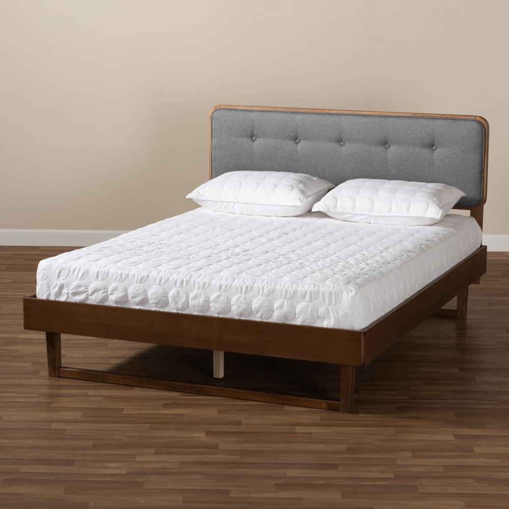 Natalia Mid-Century Modern Dark Grey Fabric Upholstered and Ash Walnut Finished Wood Queen Size Platform Bed FredCo