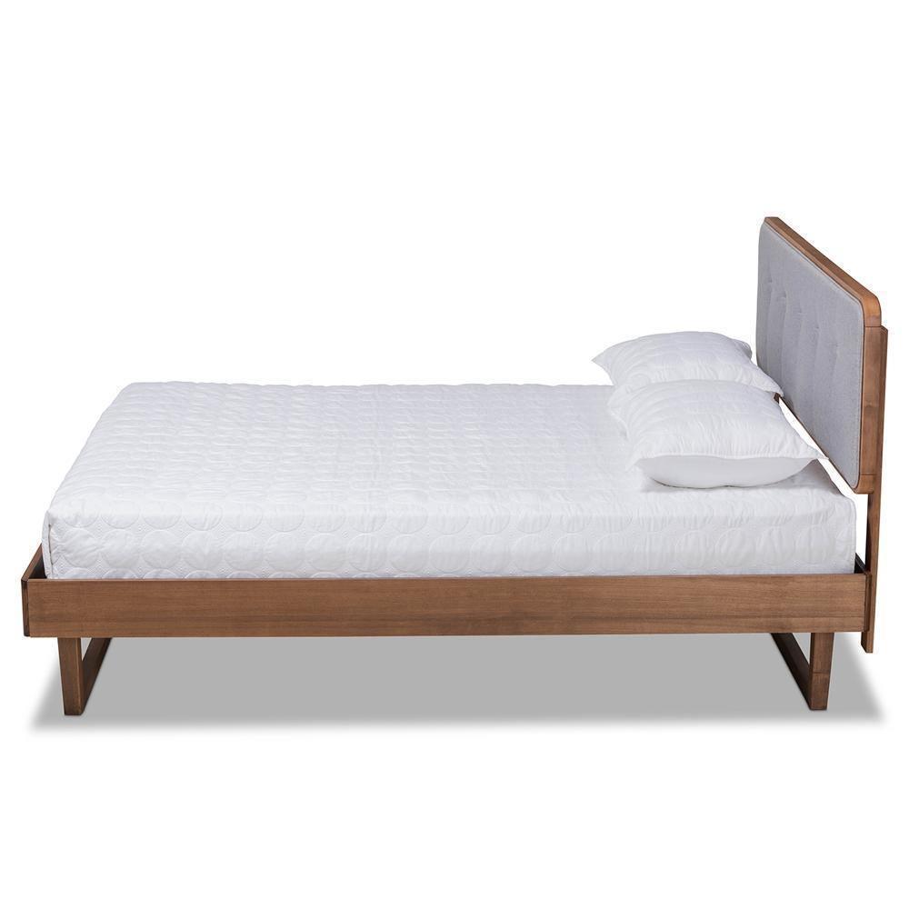 Natalia Mid-Century Modern Light Grey Fabric Upholstered and Ash Walnut Finished Wood Full Size Platform Bed FredCo