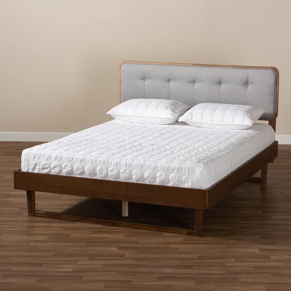 Natalia Mid-Century Modern Light Grey Fabric Upholstered and Ash Walnut Finished Wood King Size Platform Bed FredCo