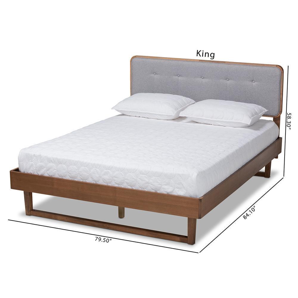 Natalia Mid-Century Modern Light Grey Fabric Upholstered and Ash Walnut Finished Wood Queen Size Platform Bed FredCo