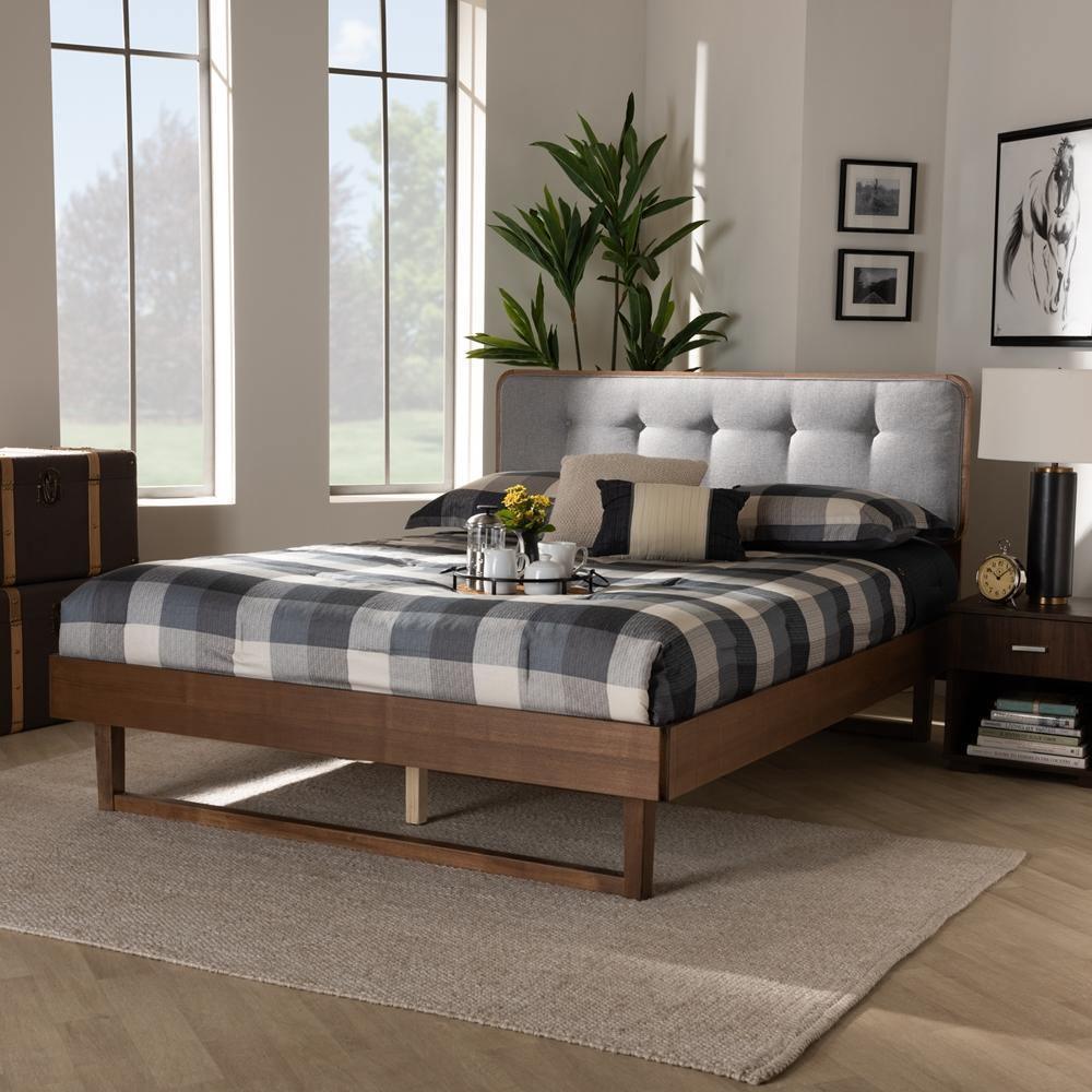 Natalia Mid-Century Modern Light Grey Fabric Upholstered and Ash Walnut Finished Wood Queen Size Platform Bed FredCo