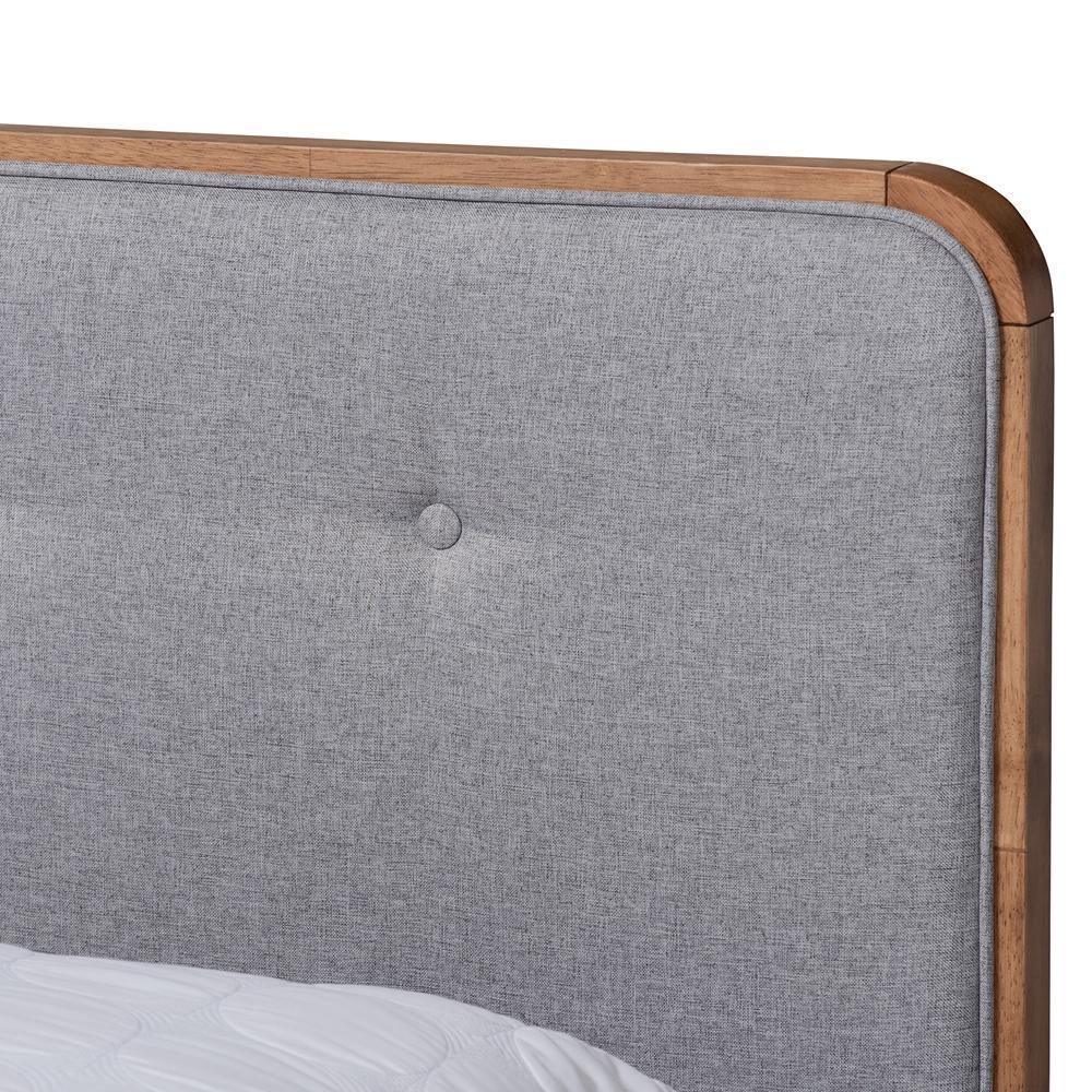 Natalia Mid-Century Modern Light Grey Fabric Upholstered and Ash Walnut Finished Wood Queen Size Platform Bed FredCo