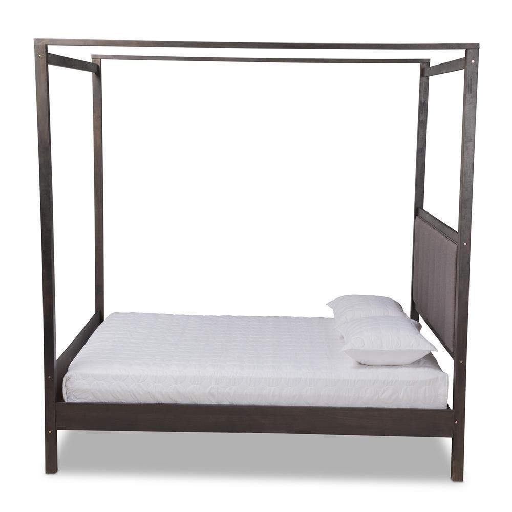 Natasha Modern and Contemporary Grey Fabric Upholstered and Dark Grey Oak Finished Wood King Size Platform Canopy Bed FredCo