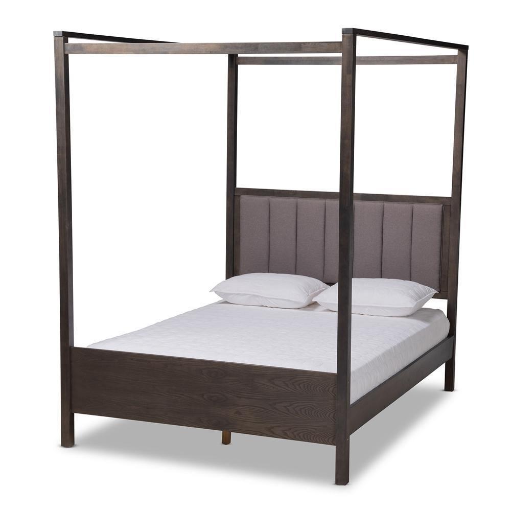 Natasha Modern and Contemporary Grey Fabric Upholstered and Dark Grey Oak Finished Wood King Size Platform Canopy Bed FredCo