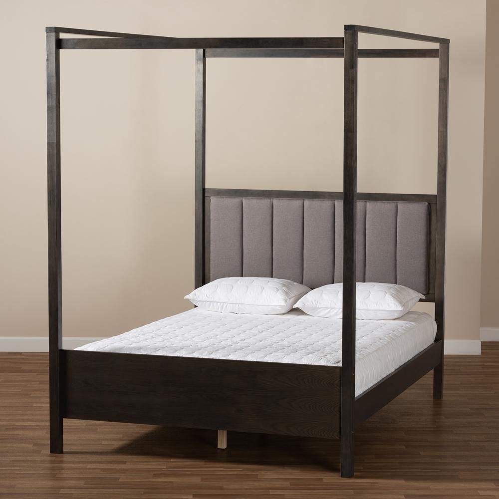 Natasha Modern and Contemporary Grey Fabric Upholstered and Dark Grey Oak Finished Wood King Size Platform Canopy Bed FredCo