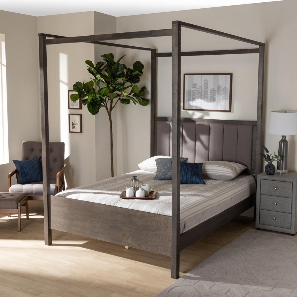 Natasha Modern and Contemporary Grey Fabric Upholstered and Dark Grey Oak Finished Wood Queen Size Platform Canopy Bed FredCo