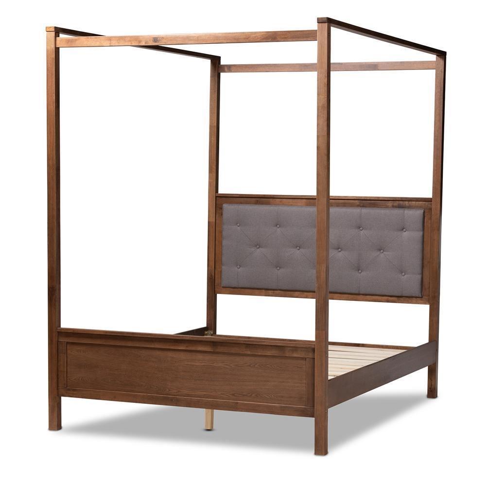 Natasha Modern and Contemporary Grey Fabric Upholstered and Walnut Brown Finished Wood Queen Size Platform Canopy Bed FredCo