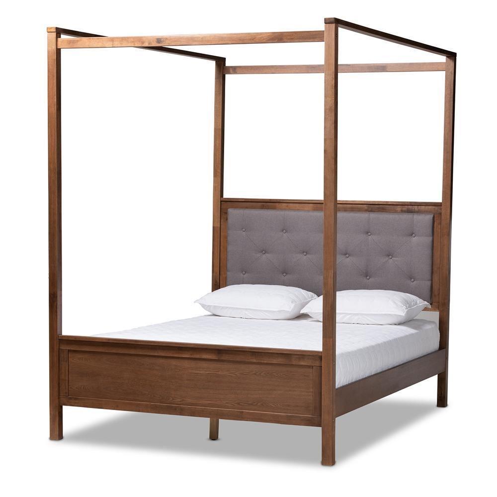 Natasha Modern and Contemporary Grey Fabric Upholstered and Walnut Brown Finished Wood Queen Size Platform Canopy Bed FredCo