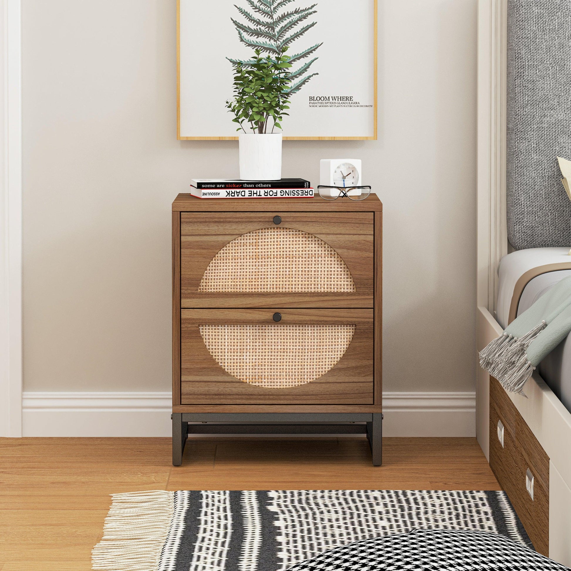 Natural rattan，2 Drawer side table，Nightstand Side Table Bedroo FredCo
