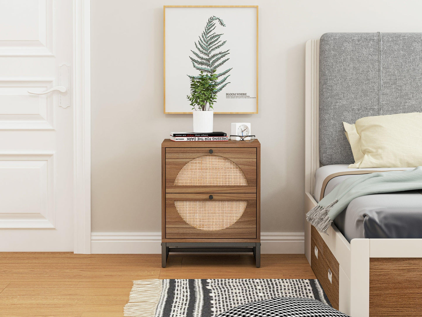 Natural rattan，2 Drawer side table，Nightstand Side Table Bedroo FredCo