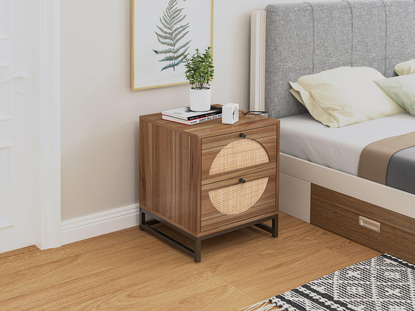 Natural rattan，2 Drawer side table，Nightstand Side Table Bedroo FredCo