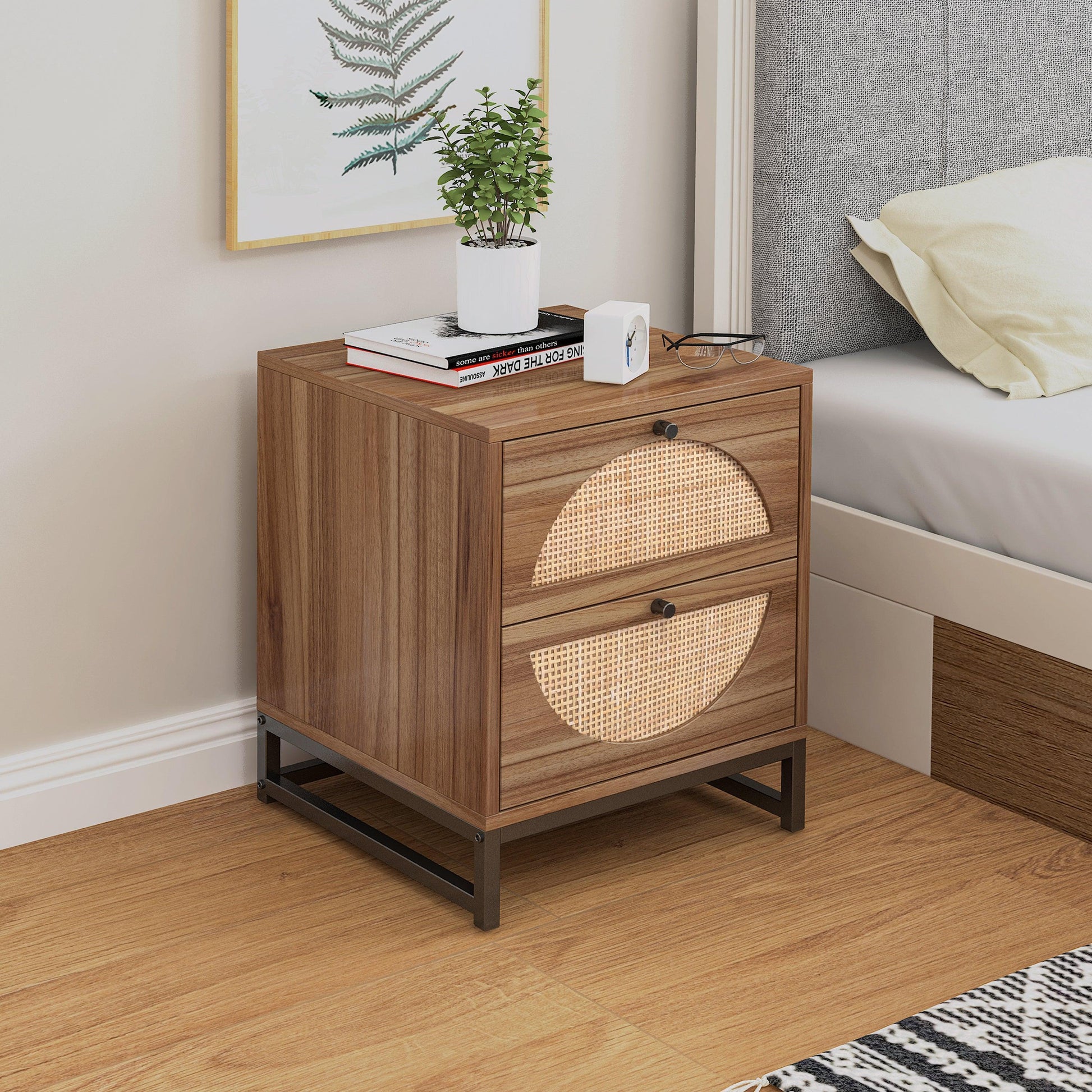 Natural rattan，2 Drawer side table，Nightstand Side Table Bedroo FredCo