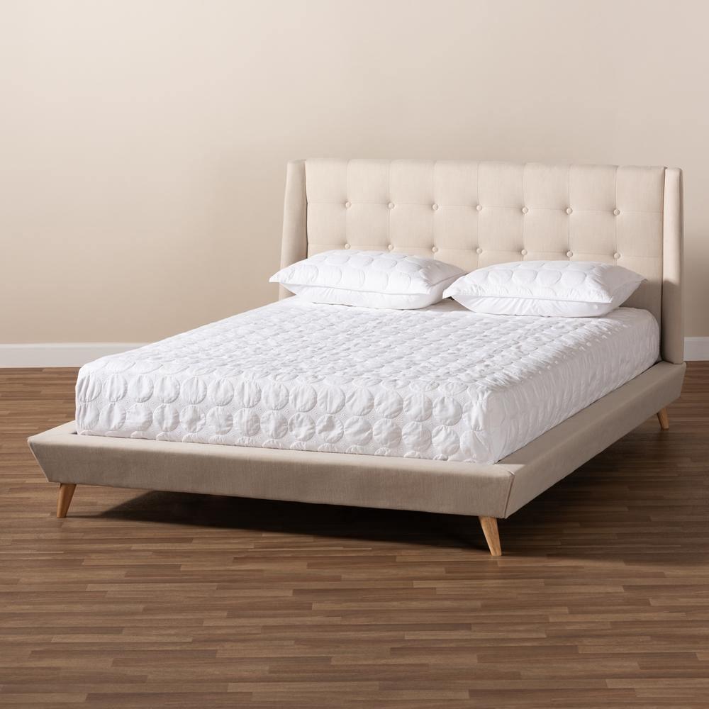 Naya Mid-Century Modern Beige Fabric Upholstered King Size Wingback Platform Bed FredCo