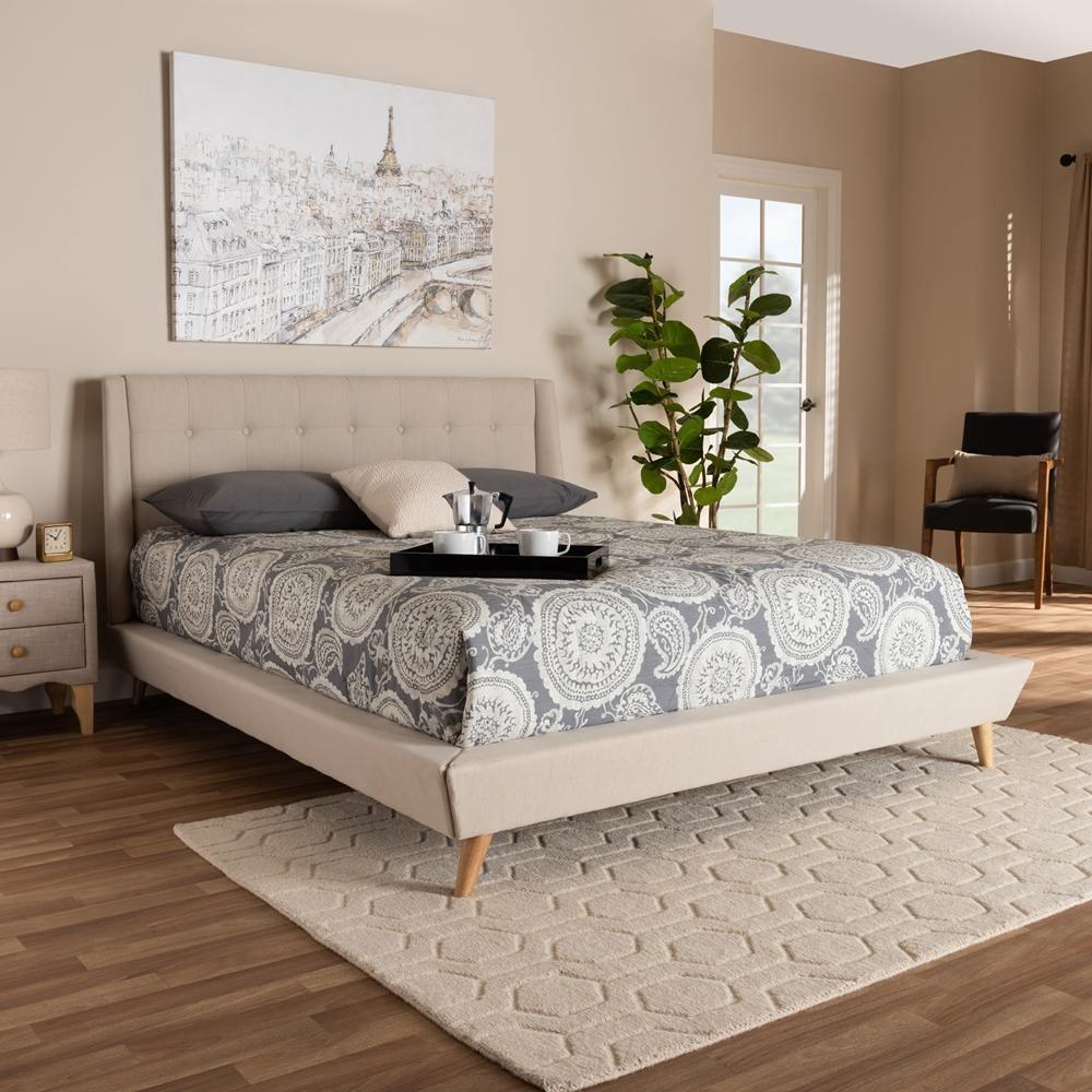 Naya Mid-Century Modern Beige Fabric Upholstered Queen Size Wingback Platform Bed FredCo