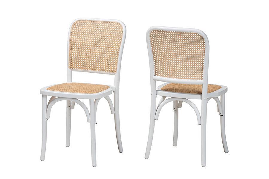 Neah Japandi White Wood and Natural Rattan 2-Piece Dining Chair Set FredCo