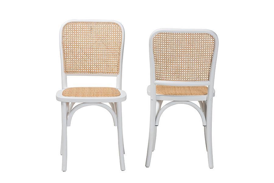 Neah Japandi White Wood and Natural Rattan 2-Piece Dining Chair Set FredCo