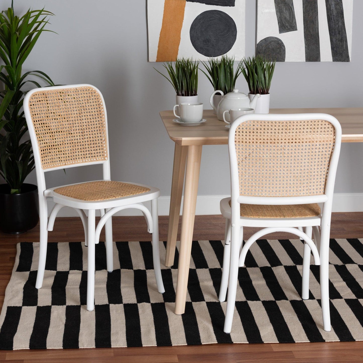Neah Japandi White Wood and Natural Rattan 2-Piece Dining Chair Set FredCo