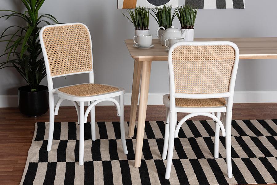 Neah Japandi White Wood and Natural Rattan 2-Piece Dining Chair Set FredCo