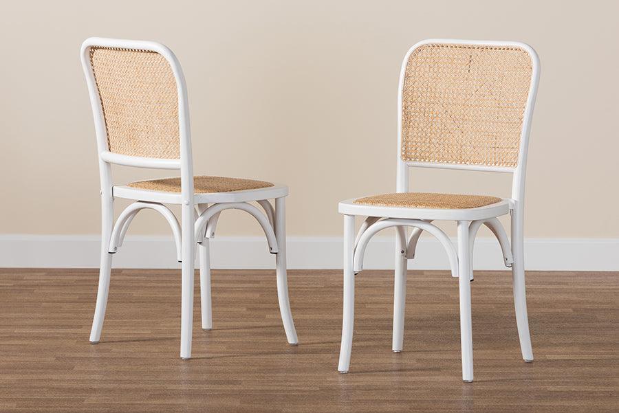 Neah Japandi White Wood and Natural Rattan 2-Piece Dining Chair Set FredCo