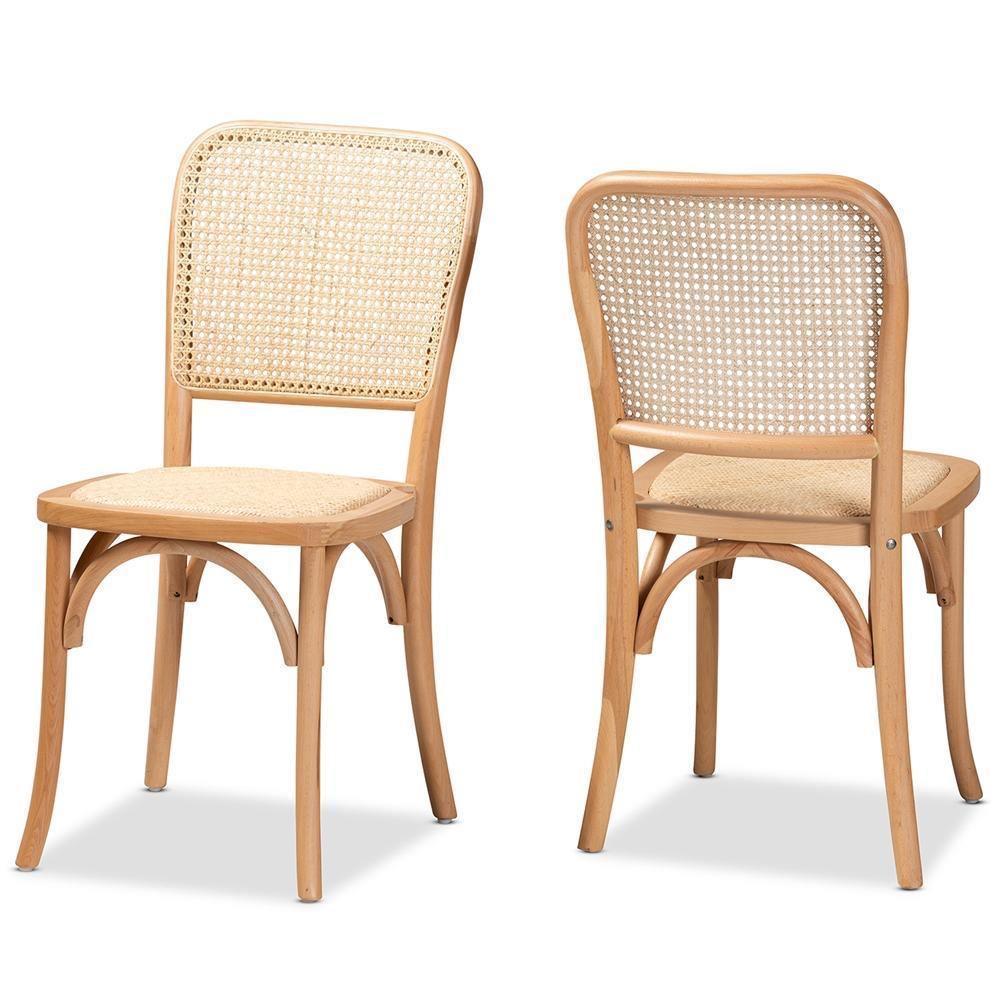 Neah Mid-Century Modern Brown Woven Rattan and Wood 2-Piece Cane Dining Chair Set FredCo