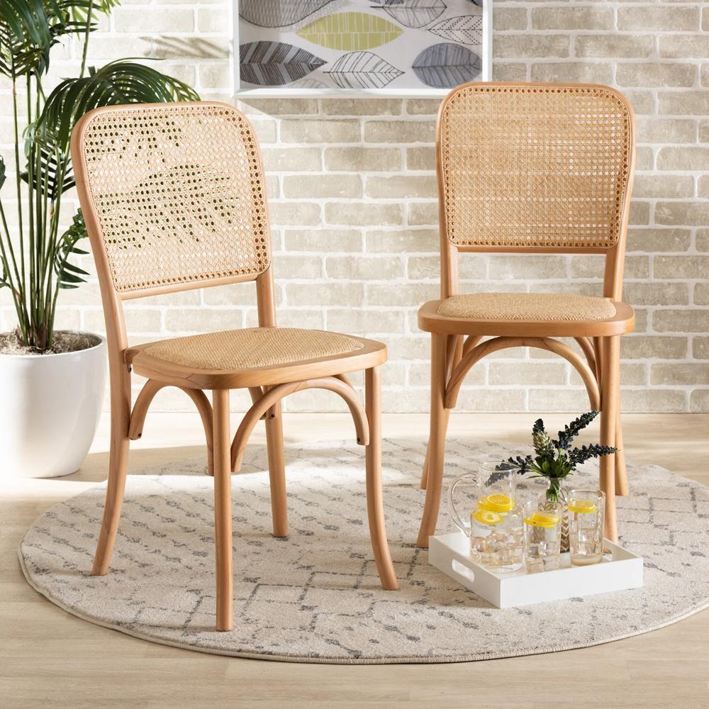 Neah Mid-Century Modern Brown Woven Rattan and Wood 2-Piece Cane Dining Chair Set FredCo