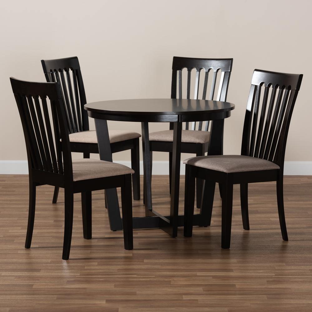 Nellie Modern and Contemporary Sand Fabric Upholstered and Dark Brown Finished Wood 5-Piece Dining Set FredCo