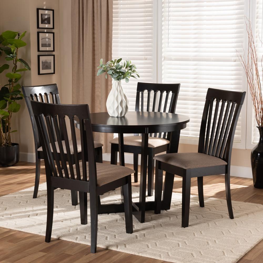 Nellie Modern and Contemporary Sand Fabric Upholstered and Dark Brown Finished Wood 5-Piece Dining Set FredCo