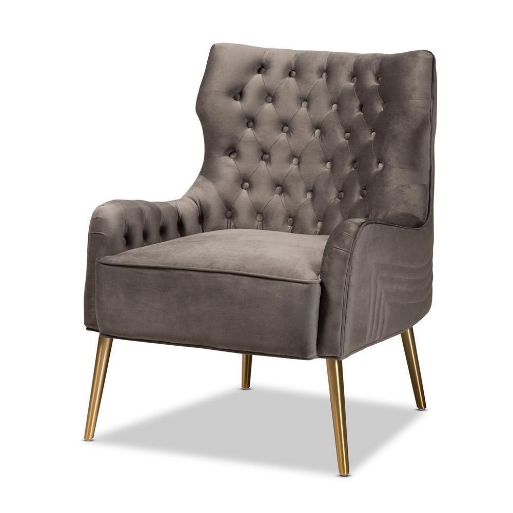 Nelson Modern Luxe and Glam Grey Velvet Fabric Upholstered and Gold Finished Metal Armchair FredCo