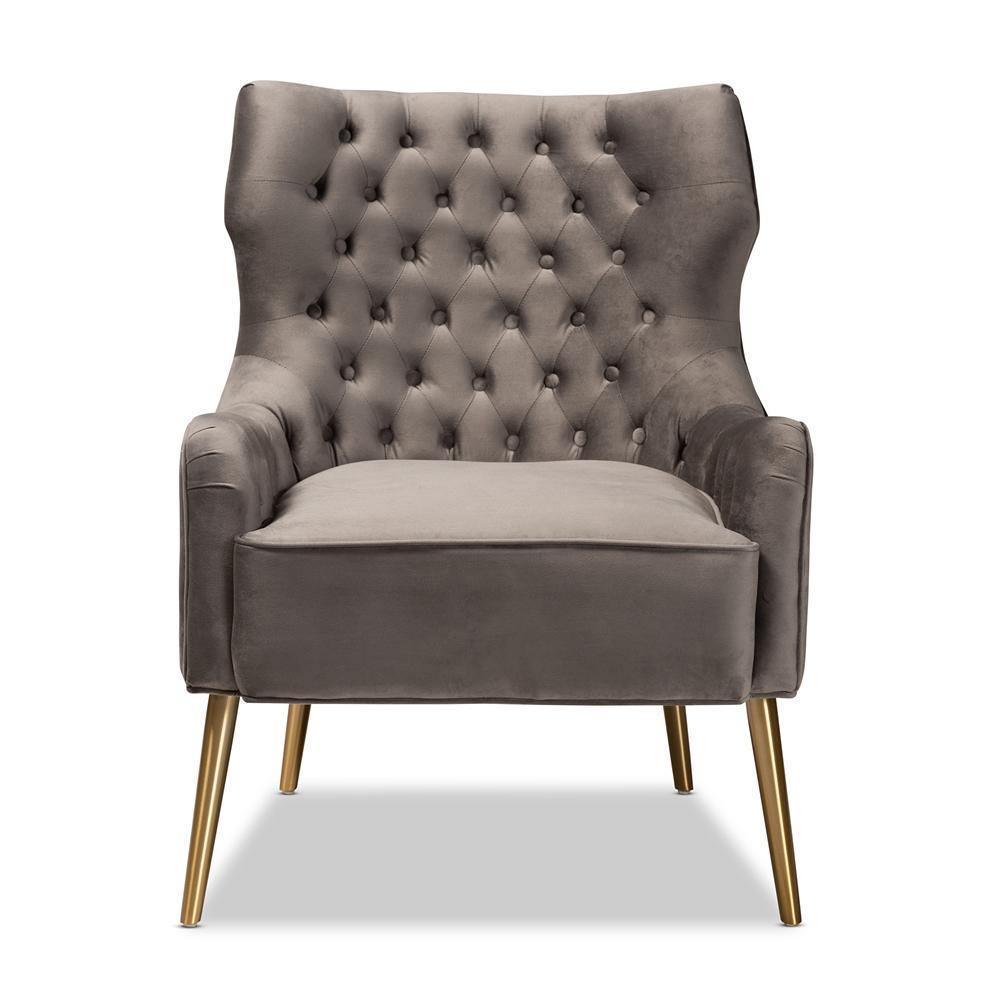 Nelson Modern Luxe and Glam Grey Velvet Fabric Upholstered and Gold Finished Metal Armchair FredCo