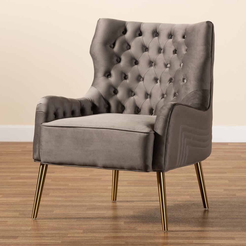 Nelson Modern Luxe and Glam Grey Velvet Fabric Upholstered and Gold Finished Metal Armchair FredCo