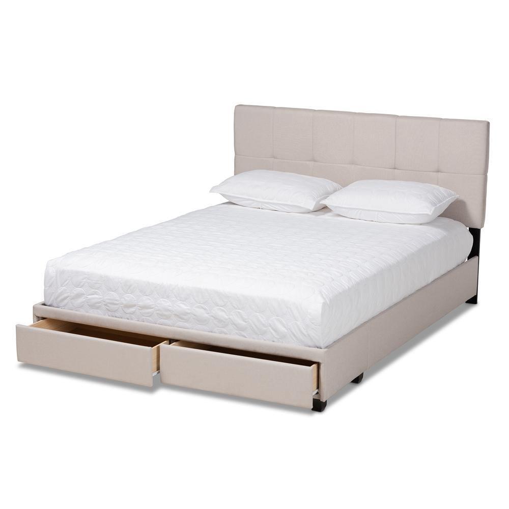 Netti Beige Fabric Upholstered 2-Drawer Queen Size Platform Storage Bed FredCo