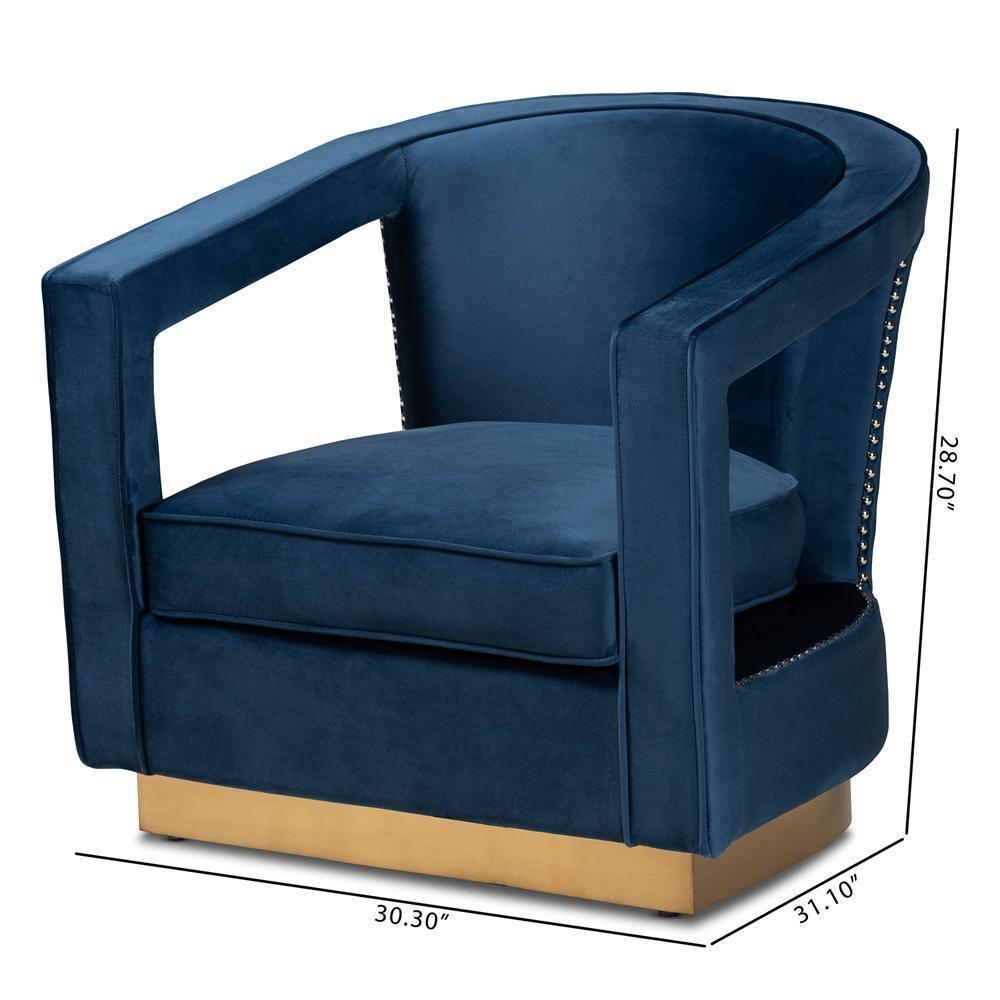 Neville Modern Luxe and Glam Navy Blue Velvet Fabric Upholstered and Gold Finished Metal Armchair FredCo