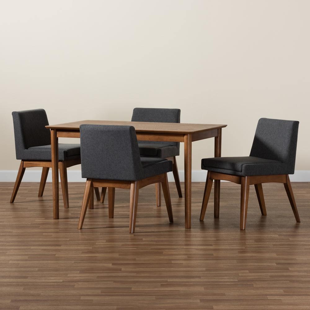 Nexus Mid-Century Modern Dark Grey Fabric Upholstered and Walnut Brown Finished Wood 5-Piece Dining Set FredCo