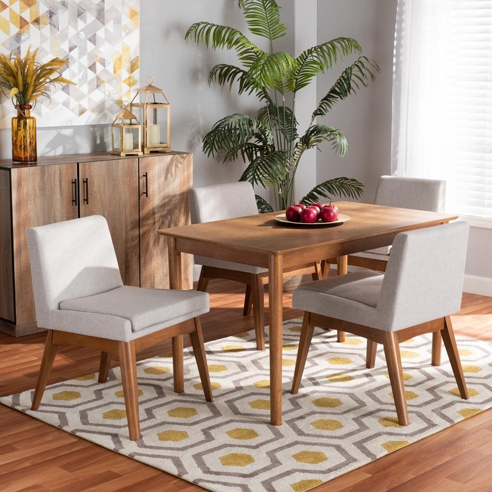 Nexus Mid-Century Modern Greyish Beige Fabric Upholstered and Walnut Brown Finished Wood 5-Piece Dining Set FredCo