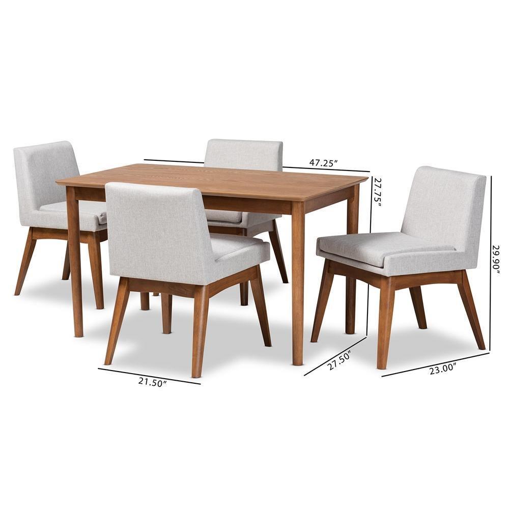 Nexus Mid-Century Modern Greyish Beige Fabric Upholstered and Walnut Brown Finished Wood 5-Piece Dining Set FredCo