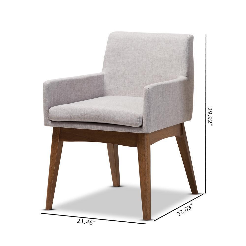 Nexus Mid-Century Modern Walnut Wood Finishing Greyish Beige Fabric Dining Armchair FredCo