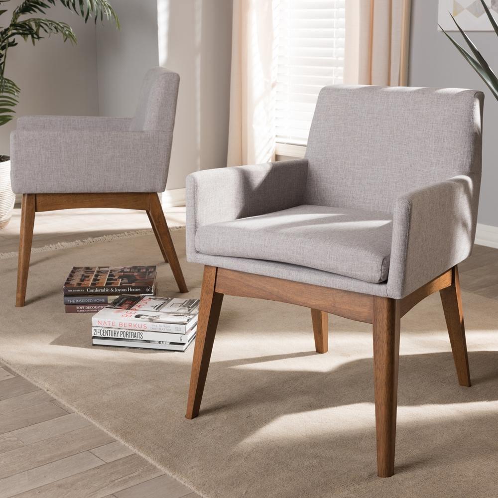 Nexus Mid-Century Modern Walnut Wood Finishing Greyish Beige Fabric Dining Armchair FredCo