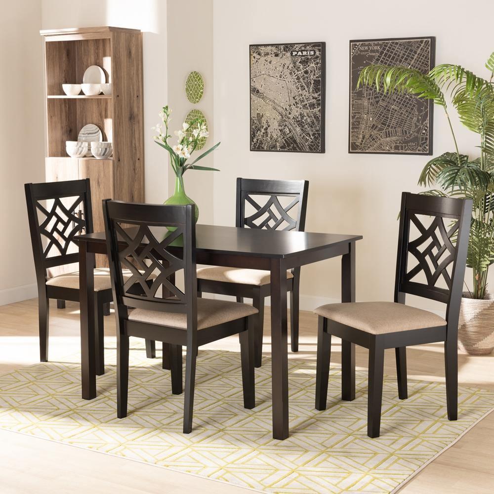 Nicolette Modern and Contemporary Sand Fabric Upholstered and Dark Brown Finished Wood 5-Piece Dining Set FredCo