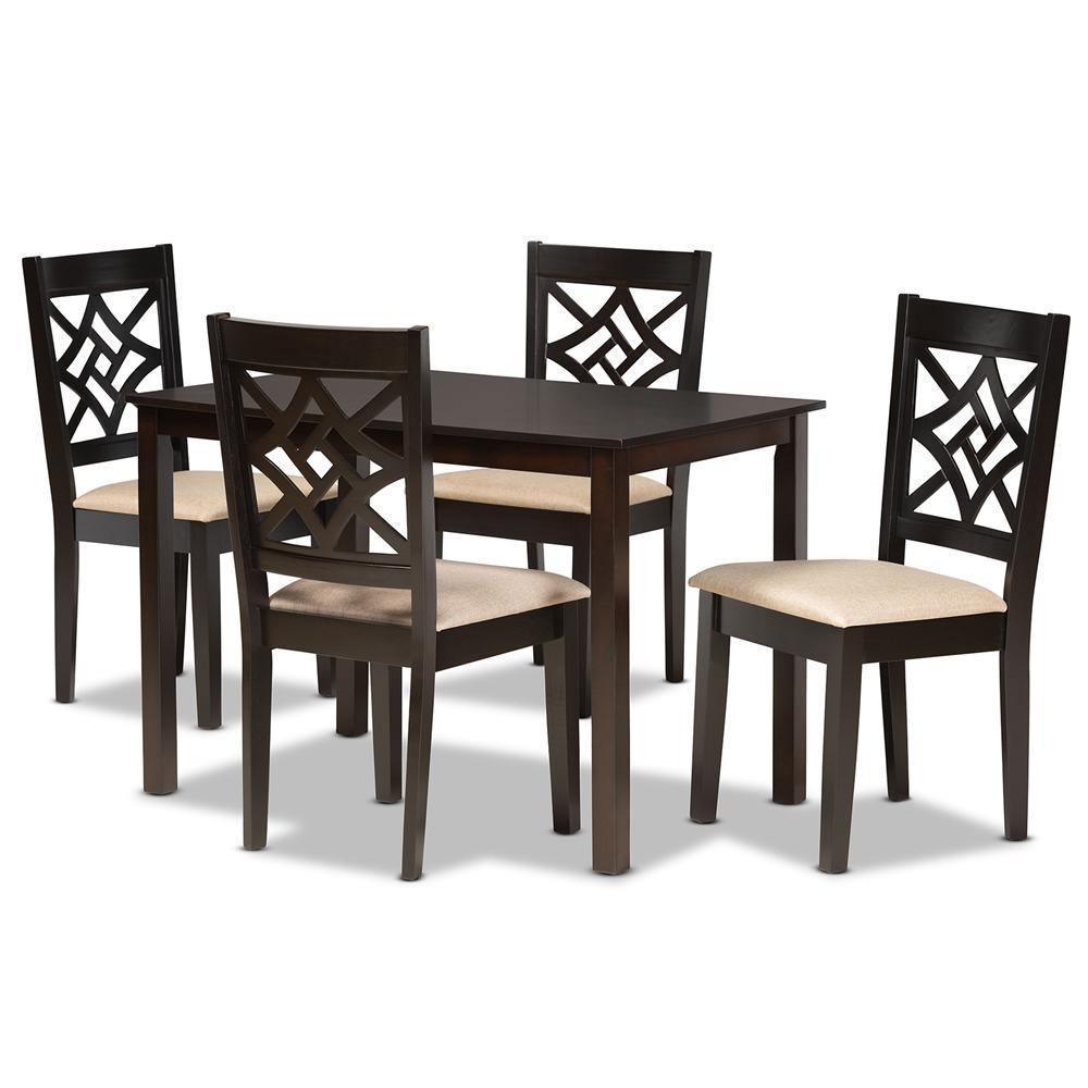 Nicolette Modern and Contemporary Sand Fabric Upholstered and Dark Brown Finished Wood 5-Piece Dining Set FredCo
