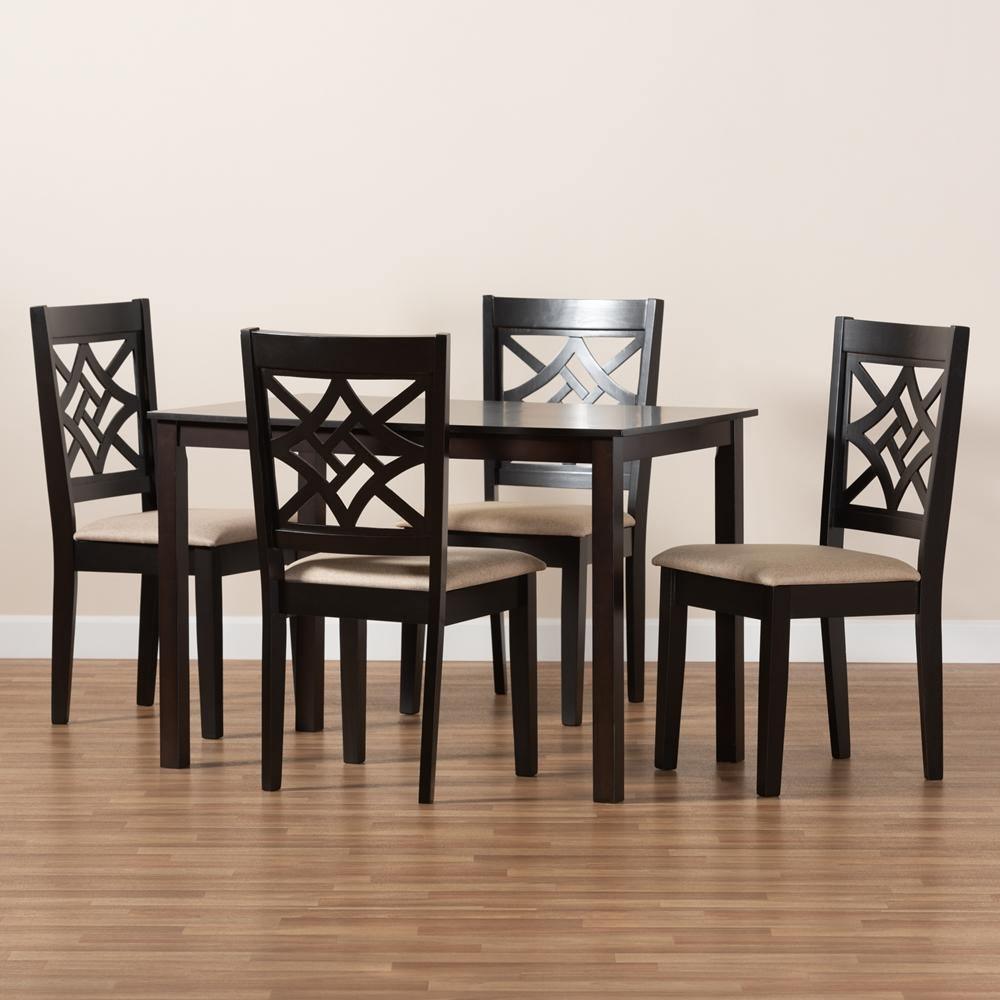 Nicolette Modern and Contemporary Sand Fabric Upholstered and Dark Brown Finished Wood 5-Piece Dining Set FredCo